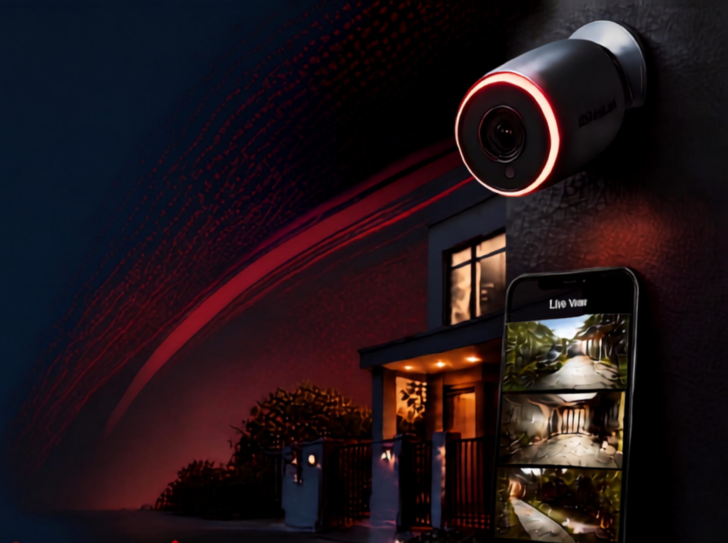 4K bullet camera mounted on the wall of a Harrow home at night, with the live view showing on a phone
