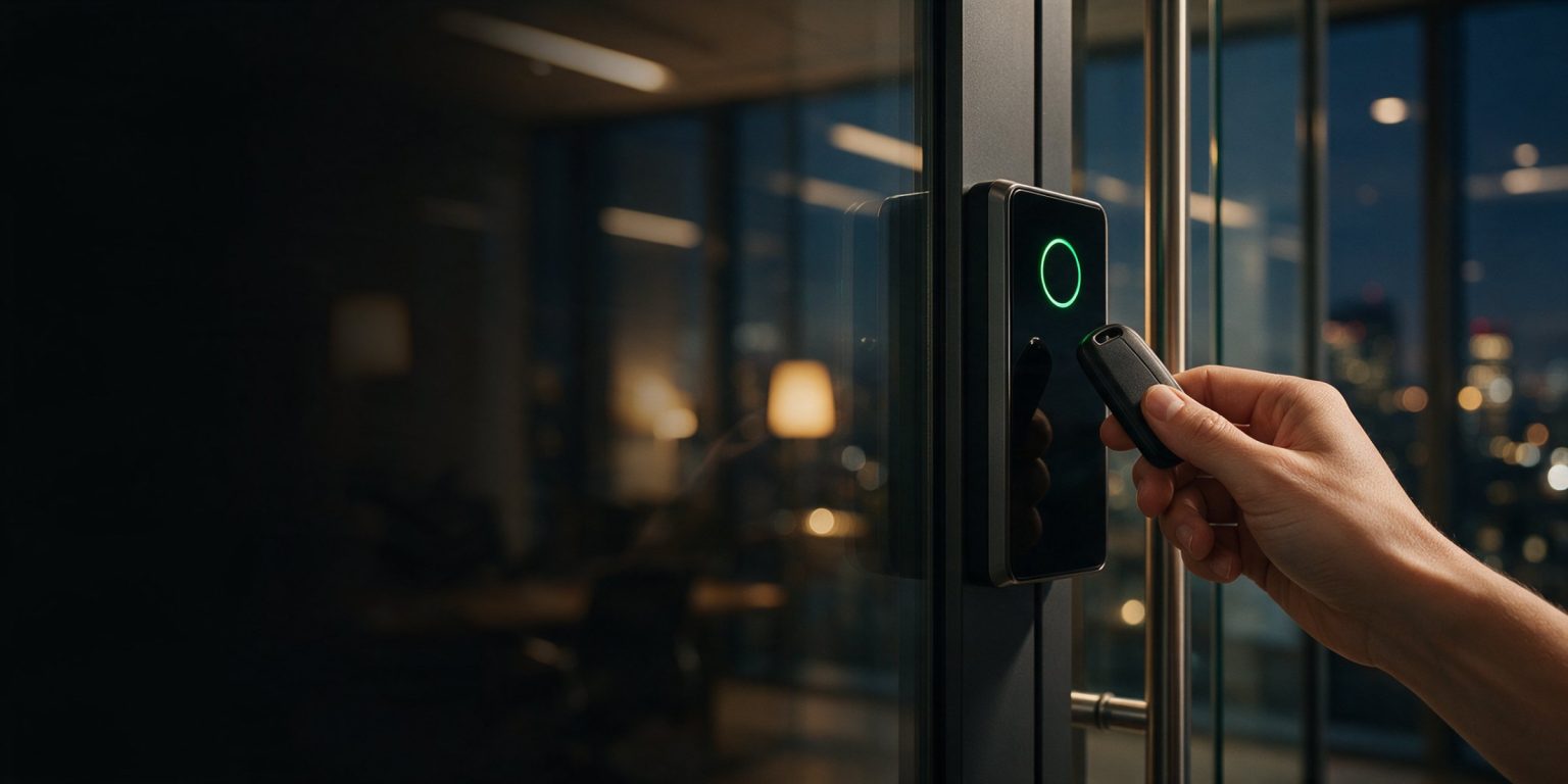 Key fob presented to a proximity access control reader on an office door