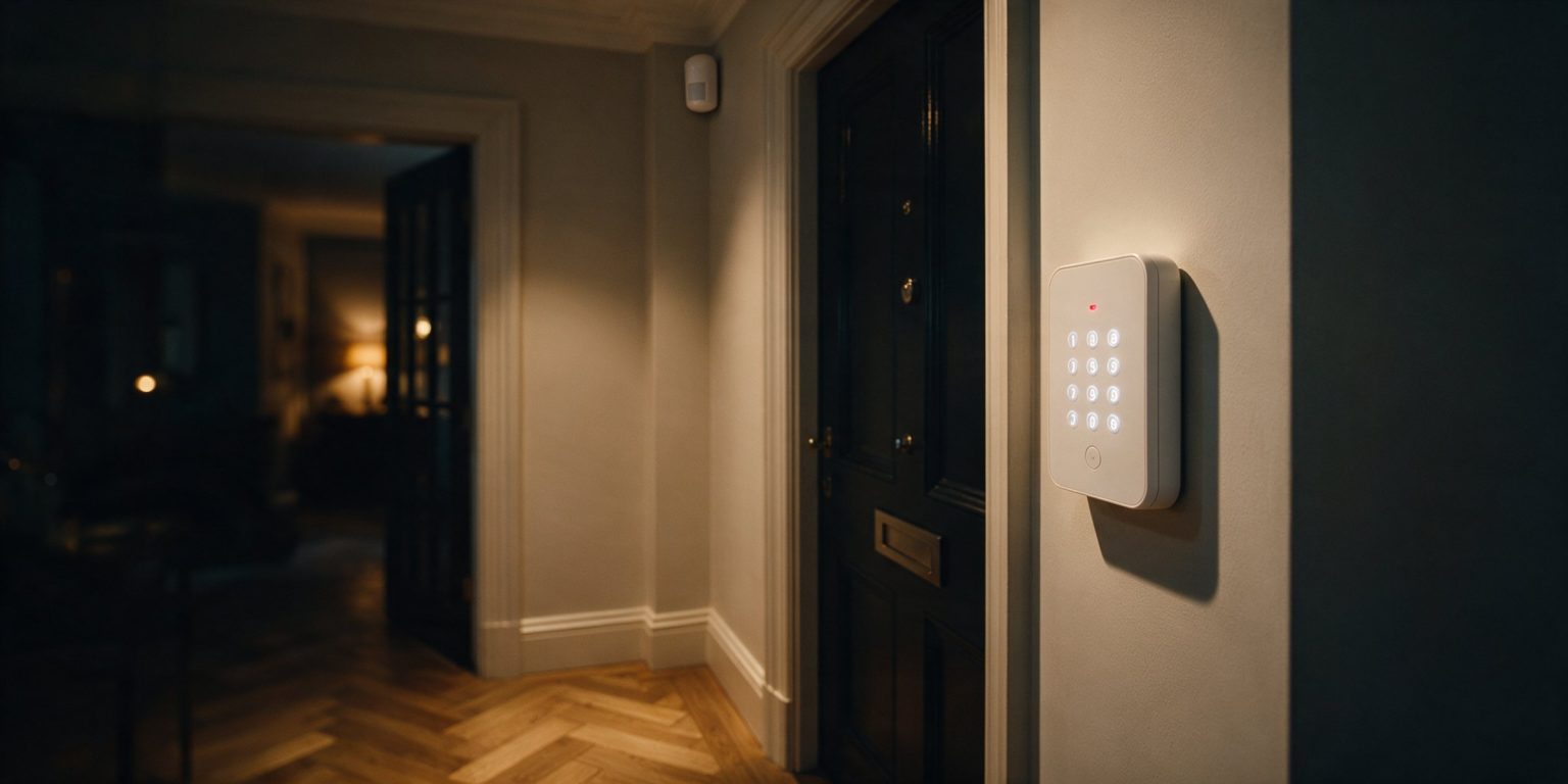 Wireless burglar alarm keypad beside the front door of a London home at night