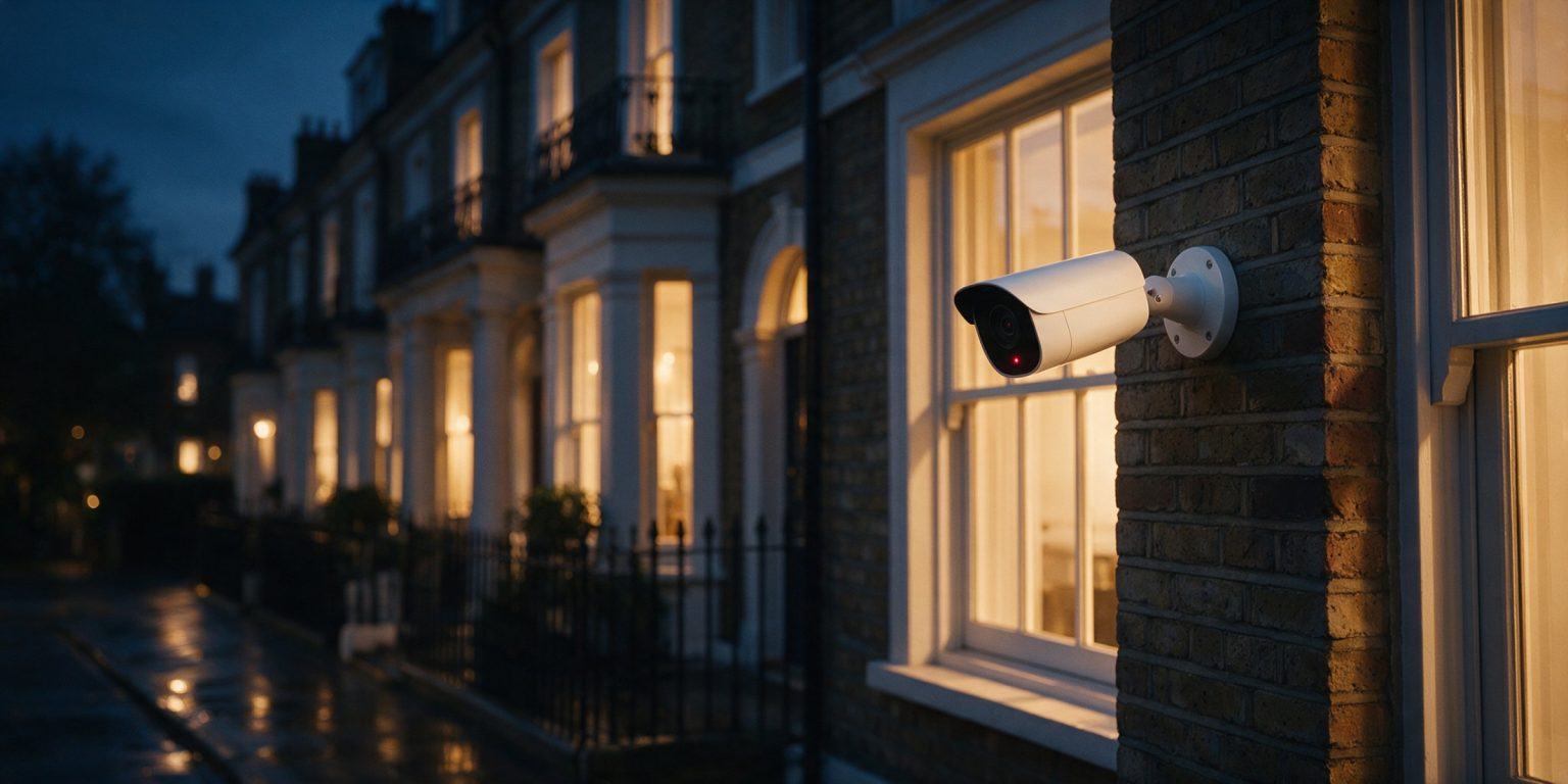 Modern white CCTV camera mounted on a London townhouse at dusk