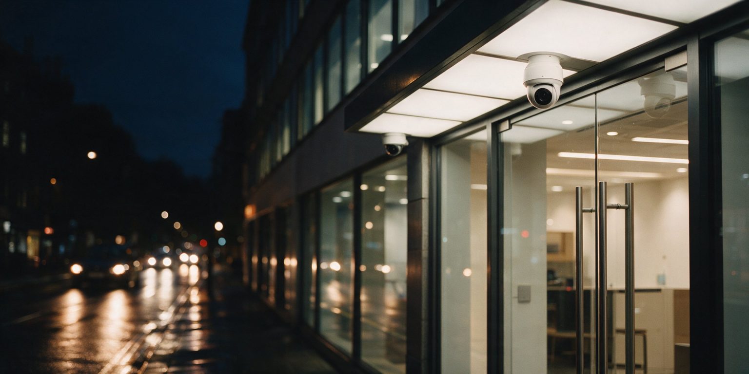 Dome CCTV camera above the glass entrance of a London office at night