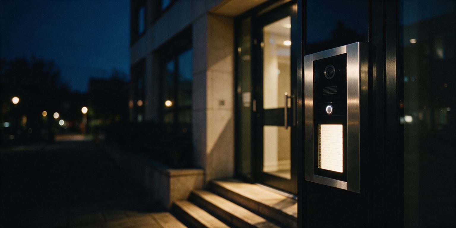 Video intercom door entry panel at the entrance of a London apartment building