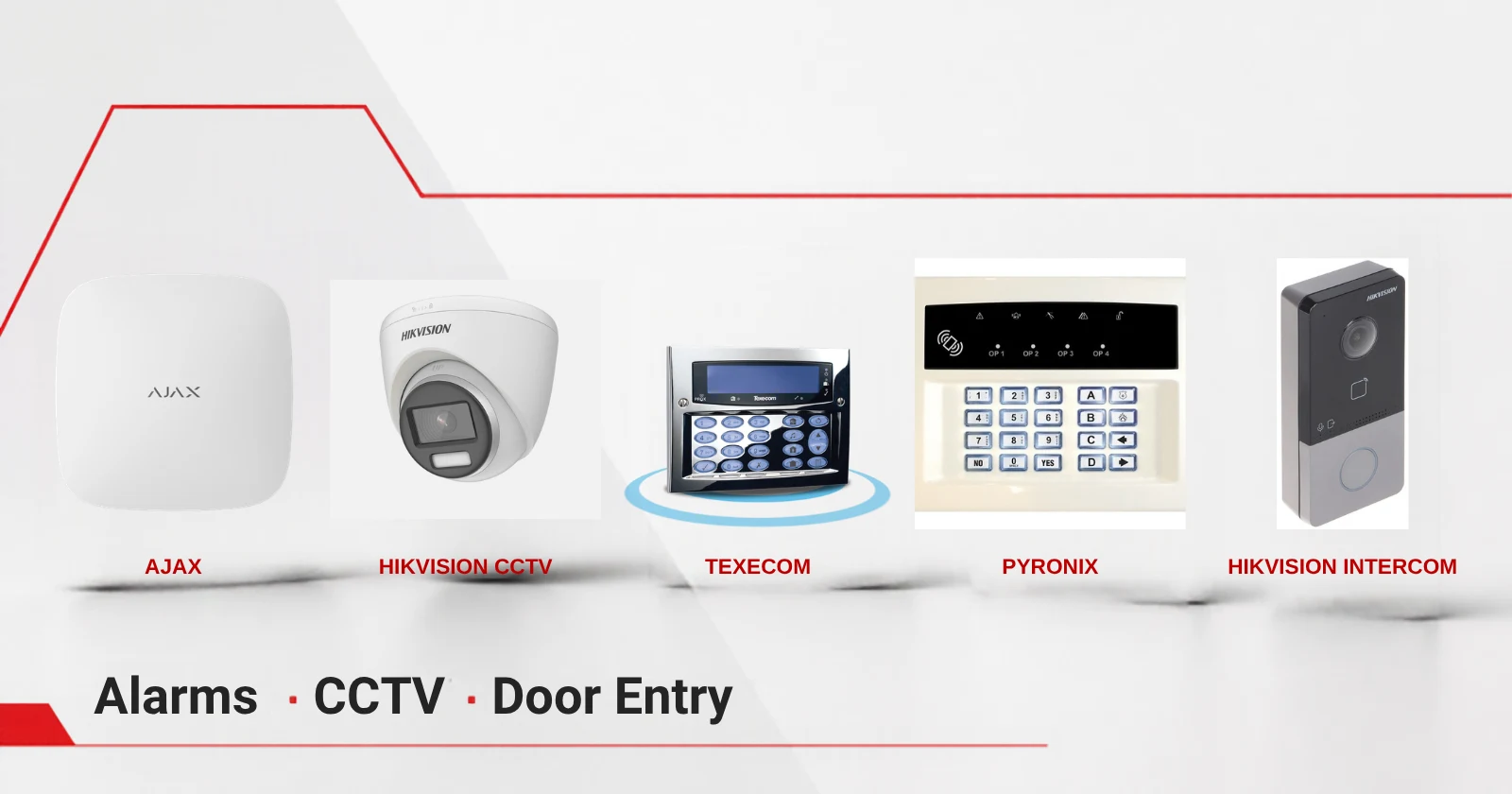 Security systems London: Ajax alarm hub, Hikvision CCTV camera, Texecom and Pyronix alarm keypads and Hikvision video intercom installed by SatFocus